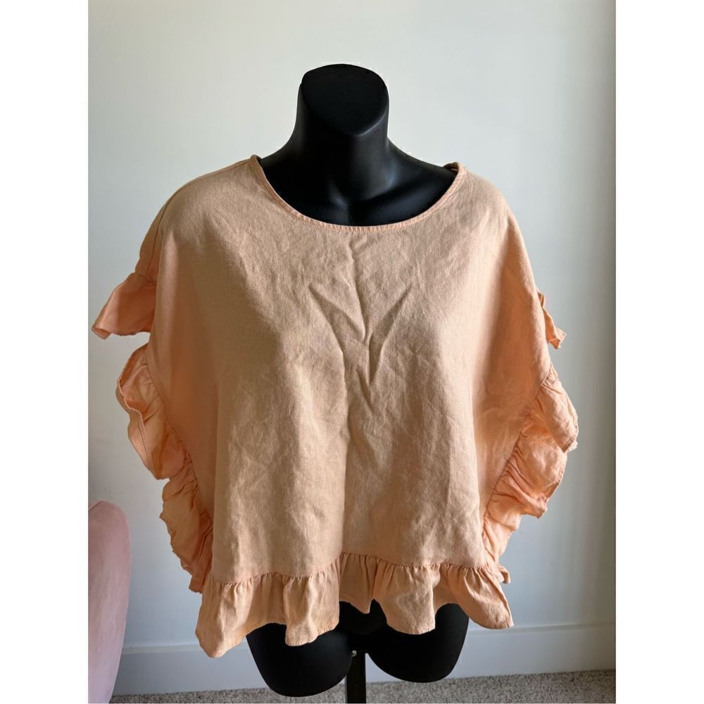 Andrew Marc New York Peach Linen Blend Ruffle Sleeve Blouse